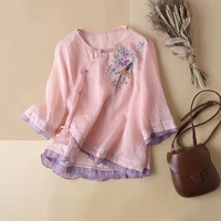 ethnic style embroidery cotton linen shirt chinese style ladies retro top 2022 summer new comfortable womens clothing hanfu