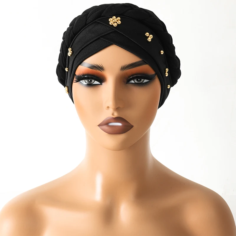 

2023 New Women Muslim Hijab Cap Fashion Plain Soft Braided Pearl India Turban Bonnet Lady Headdress Hat Convenient Headscarf