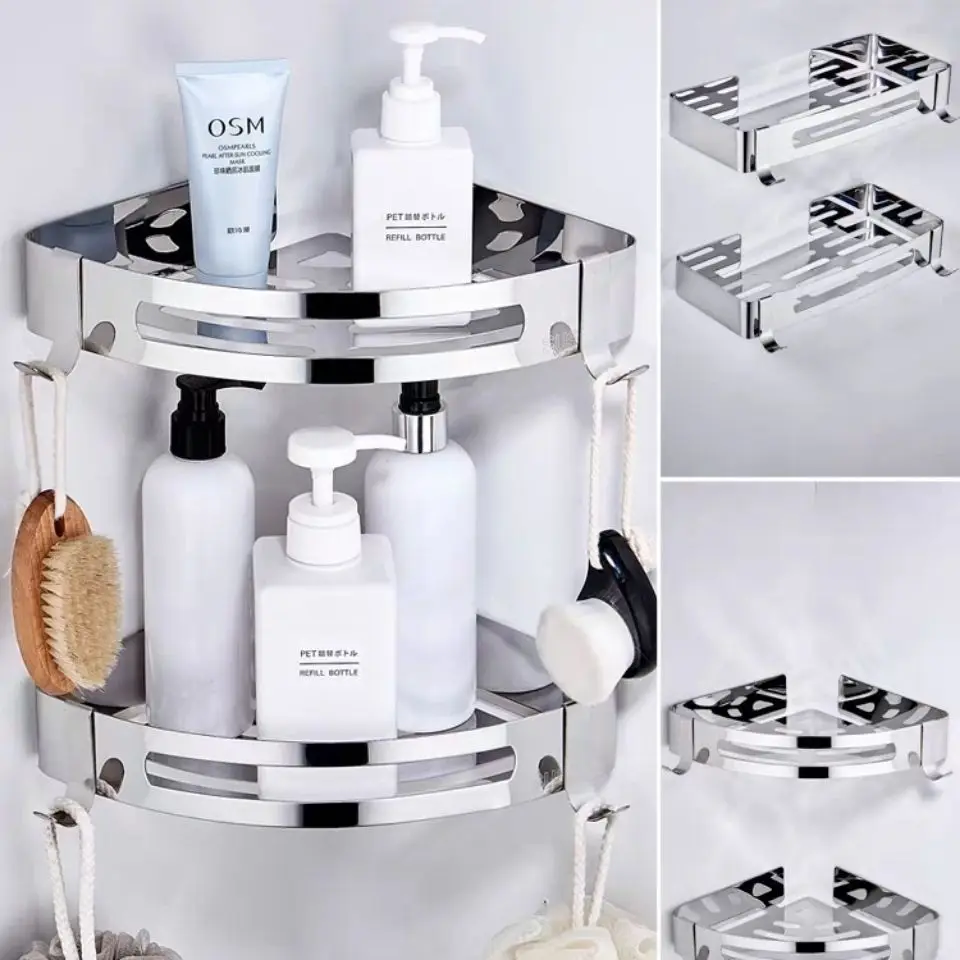 

304 Stainless Steel Bathroom Shelve Kitchen Organizer Rack Corner Shelf Wall Mounted Storage Holder Toilet Accessories Wholesale