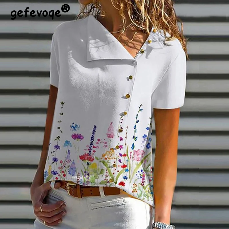 

Summer Women Short Sleeve Print Loose Button Shirts Casual Elegent Oversized Blouse Office Ladies Tops Blusas Mujer De Moda 2022