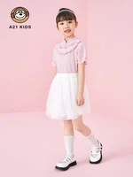 a21 girls casual suit 2022 summer pure cotton woven dark button stand up collar flower embroidery cute two piece top mesh skirt