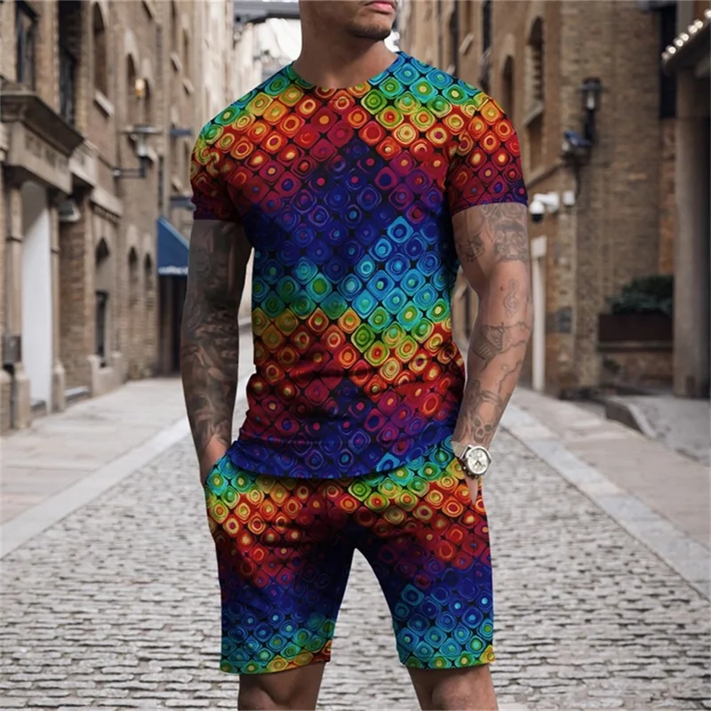 

Summer Fashion Men's Full T-shirt 2022 New Casual Gradual Series Colorful Pattern T-shirt Short Sleeve Top and Shorts Set