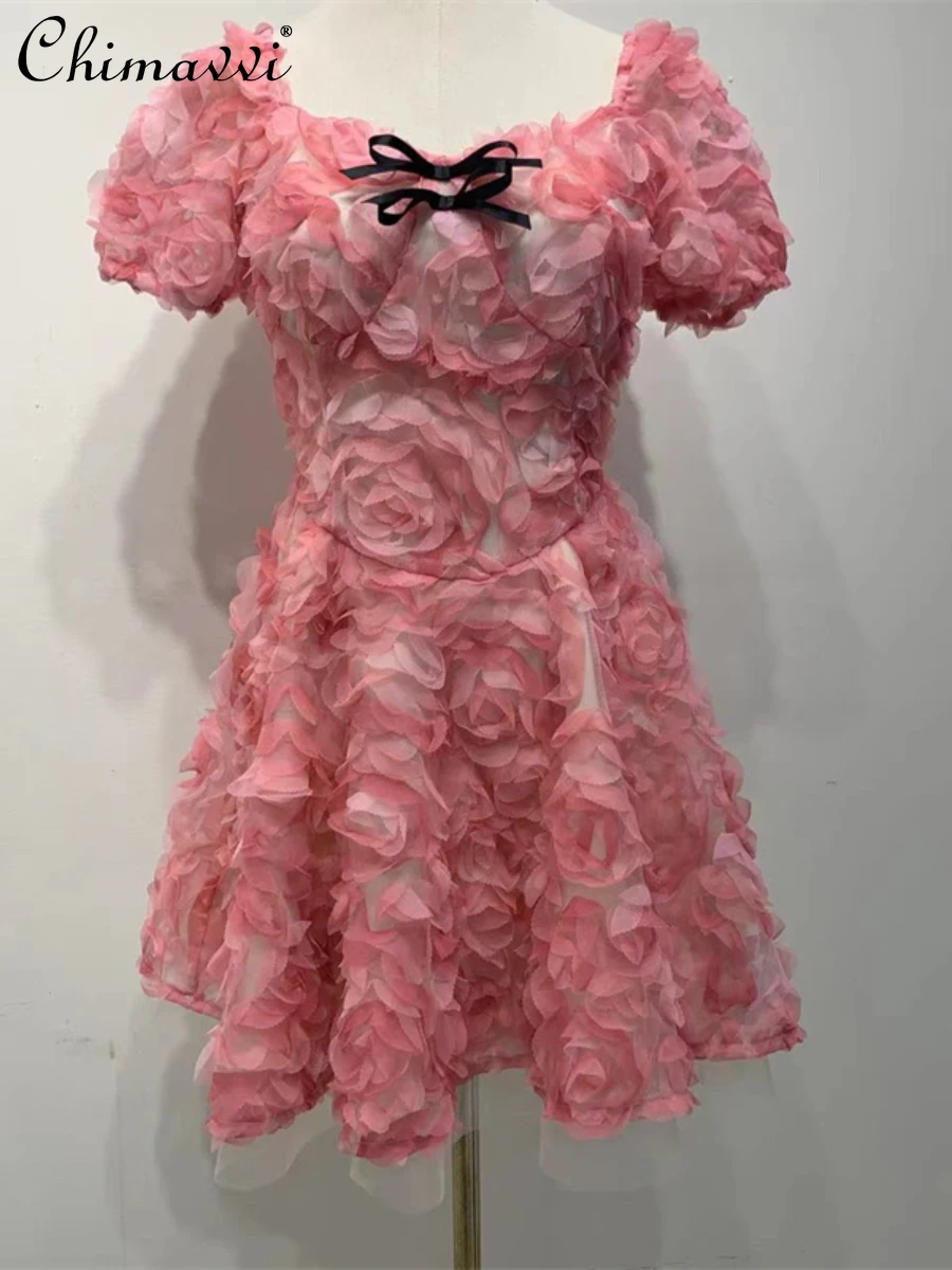 

Sweet Princess Dress 3D Rose Decoration Puff Sleeve Female Dress 2022 Summer New Fashion Square Collar Bow Pink Fairy Dresses