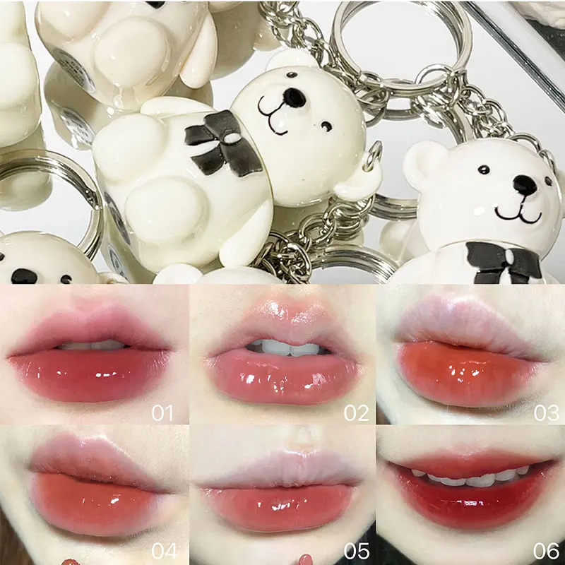 

Cute Bear Keychain Lip Mud Water Light Stain Lip Gloss 6 Color Mirror Glass Lip Glaze Long-lasting Lip Tint Cosmetics Portable