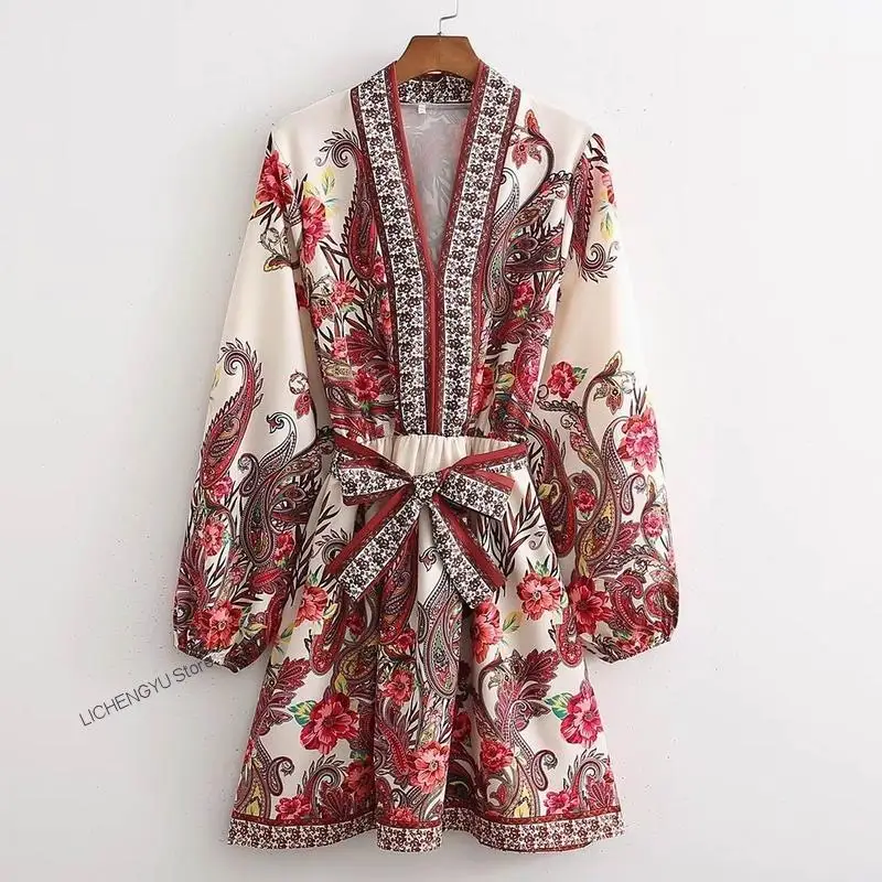 

2022 Women Print Dress With Belt Spring New Fashion V-neck Vintage Patter Above Knee Clothing Female Casual Vestido