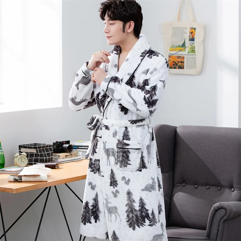 Winter Casual Belt Nightgown For Men Solid Color Flannel Nightdress Men's V-Neck Full Sleeve Nightwear 2022 Fashion Homewear