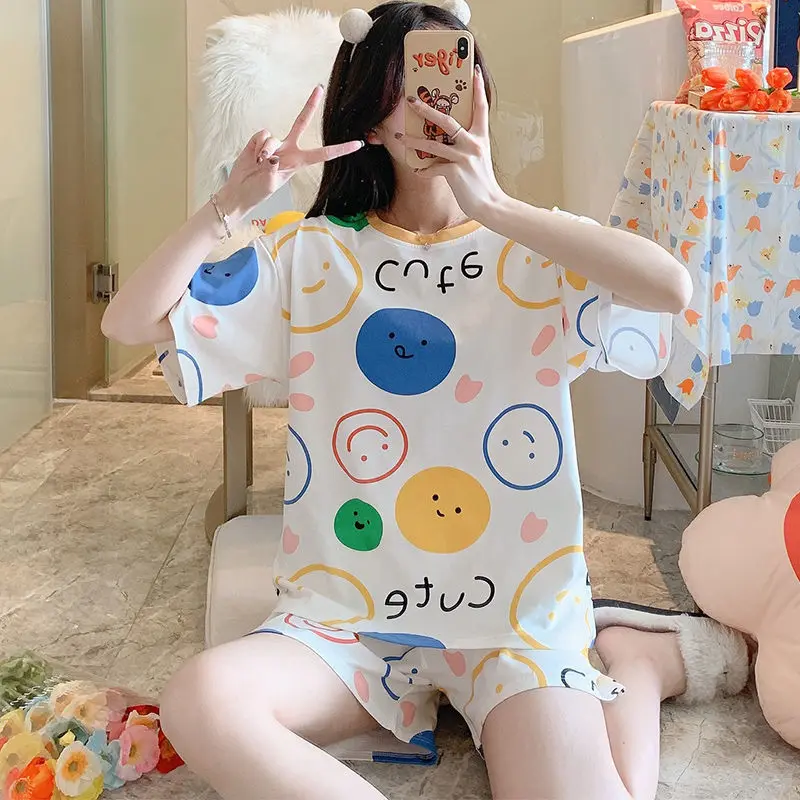 Pajamas women's 2022 New Milksilkshort Sleeveshortsleatherplusclothes two-piece summerO-collarthinsweetcutepajamashomeclothesset