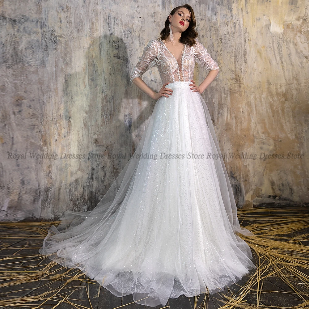 

RANMO A Line Wedding Dresses Beads V Neck Draped Tulle Paillette Handmade Flower Open Back 2022 Floor Length Gowns Robe De Ma