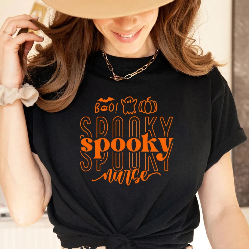 

Pumpkin Boo Spooky Nurse Women T Shirts Halloween Graphic Tee Cotton Slogan Tumblr Tshirt Orange Black Colour T-shirt Female