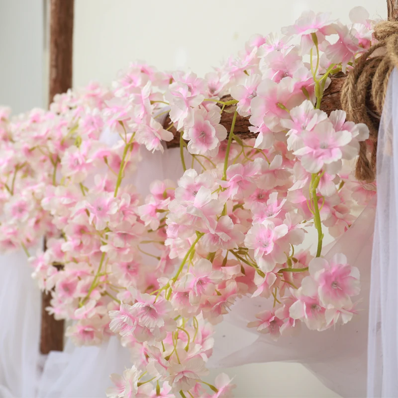180cm Pink Cherry Blossom Silk Artificial Vine Sakura Hanging Flowers For Wedding Wall Decoration Fake Leavse Garland Wreath