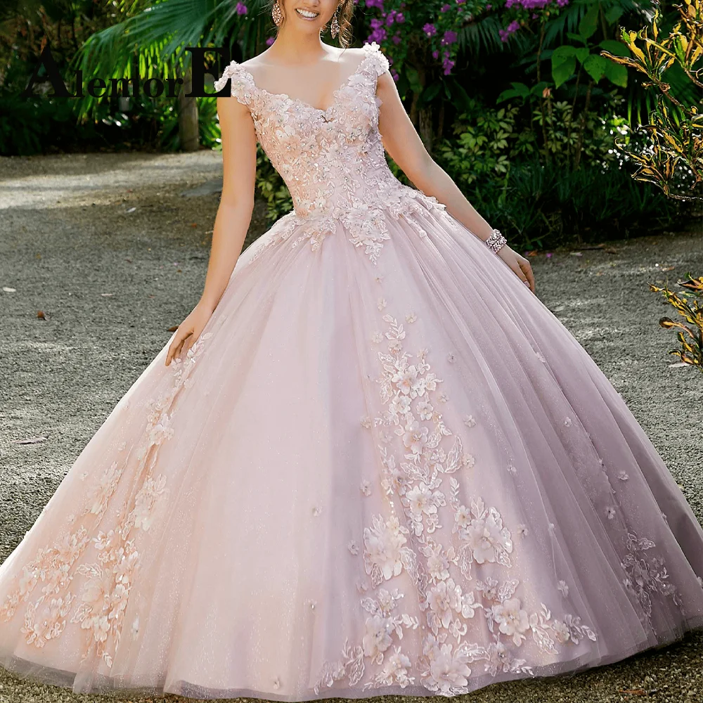 

Alemore Princess Ball Gown Quinceanera Dresses Cap Sleeves Sweetheart 3D Flowers Crystal Dropping Shipping Vestido De 15 Anos