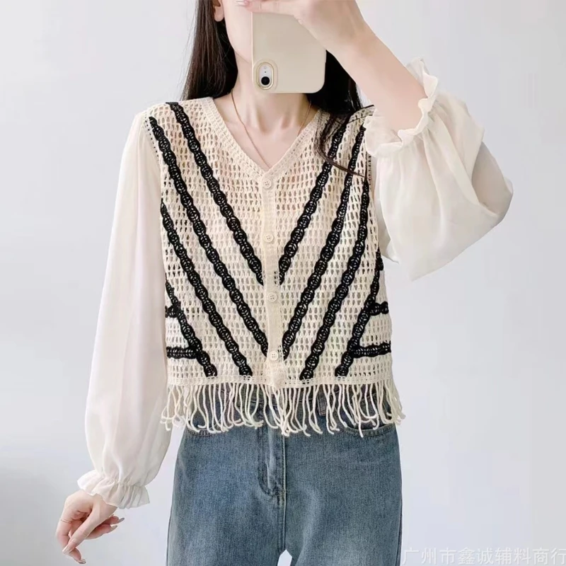 

Autumn Crochet Crop Cardigan for Women V-Neck Chiffon Puff Sleeve Knit Striped Tassels Hem Button Up Loose Coat