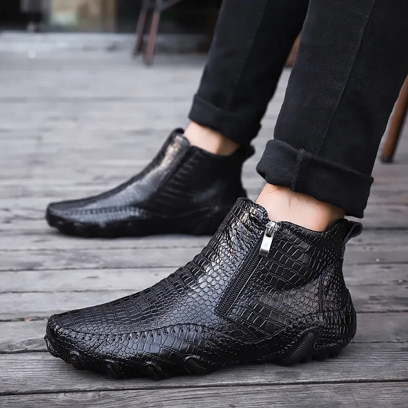 

Men Boots New Crocodile Leather Shoes Riding High top Fashion Black Plus Velvet