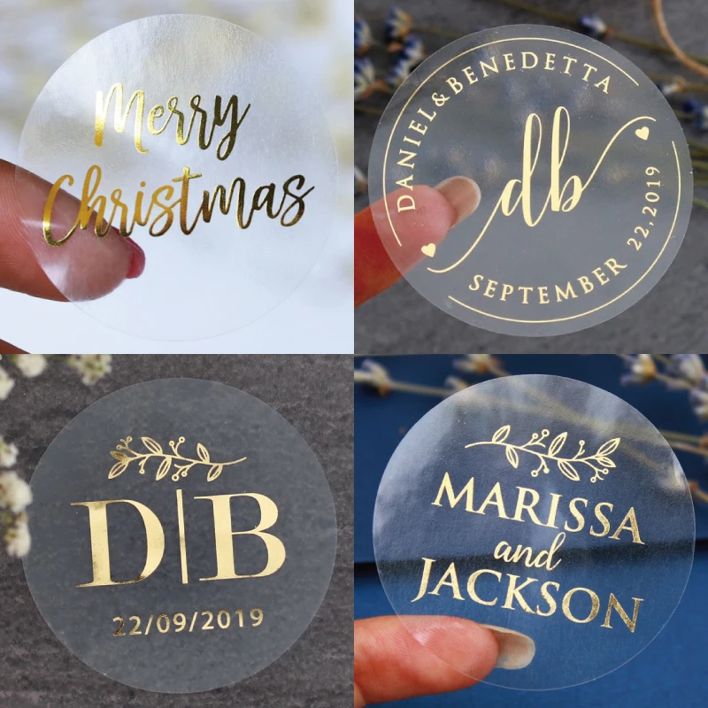 

Wedding Stickers, Real Foil Shiny Gold Custom Stickers, Labels, Personalised, Baptism, Birthday, Clear, 50Pcs