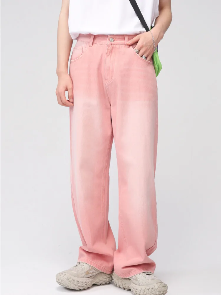 

SYUHGFA Men Clothing 2022 Spring Autumn Korean Streetwear Fashion Pink Straight Wide Legs Jeans Casual Loose Denim Trousers