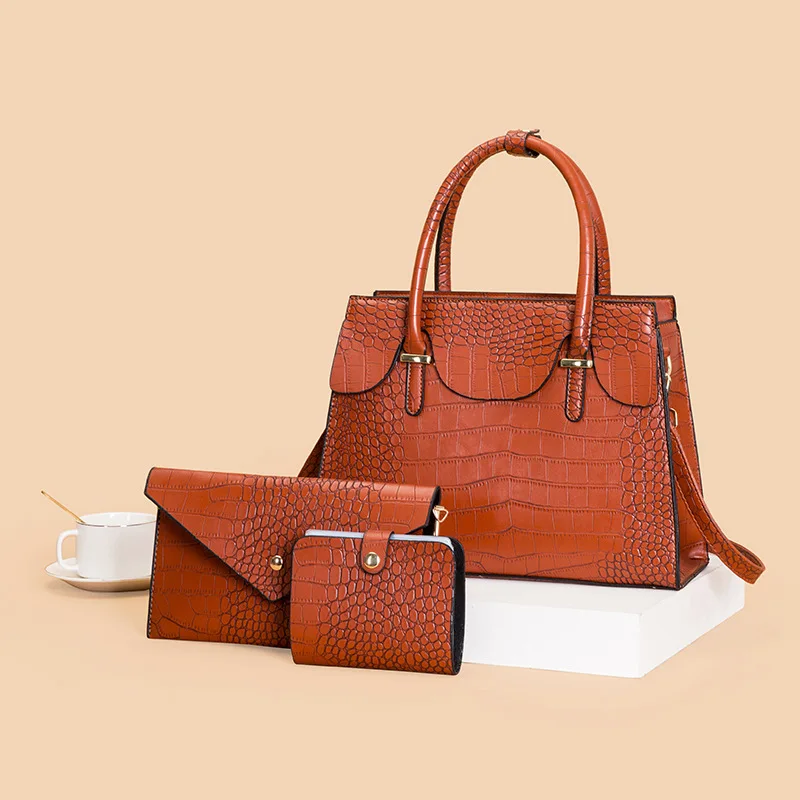 European and American Retro Crocodile Pattern Handheld Fashion Diagonal Straddle Bag Large Capacity Three Piece Set Mother Bag