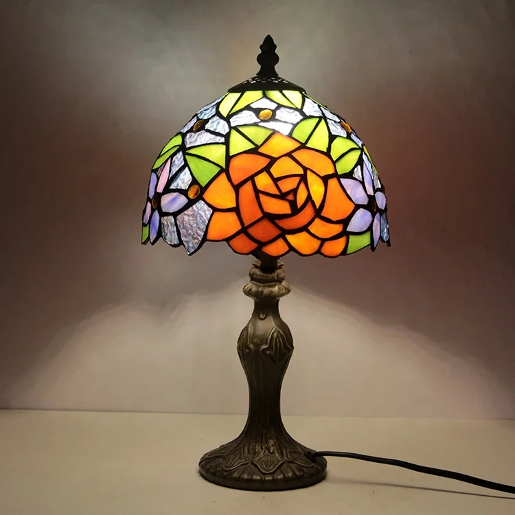 

LongHuiJing Antique Tiffany style table lamps Stained Glass Rose Lampshade Light With Zinc alloy Base Desk Lights