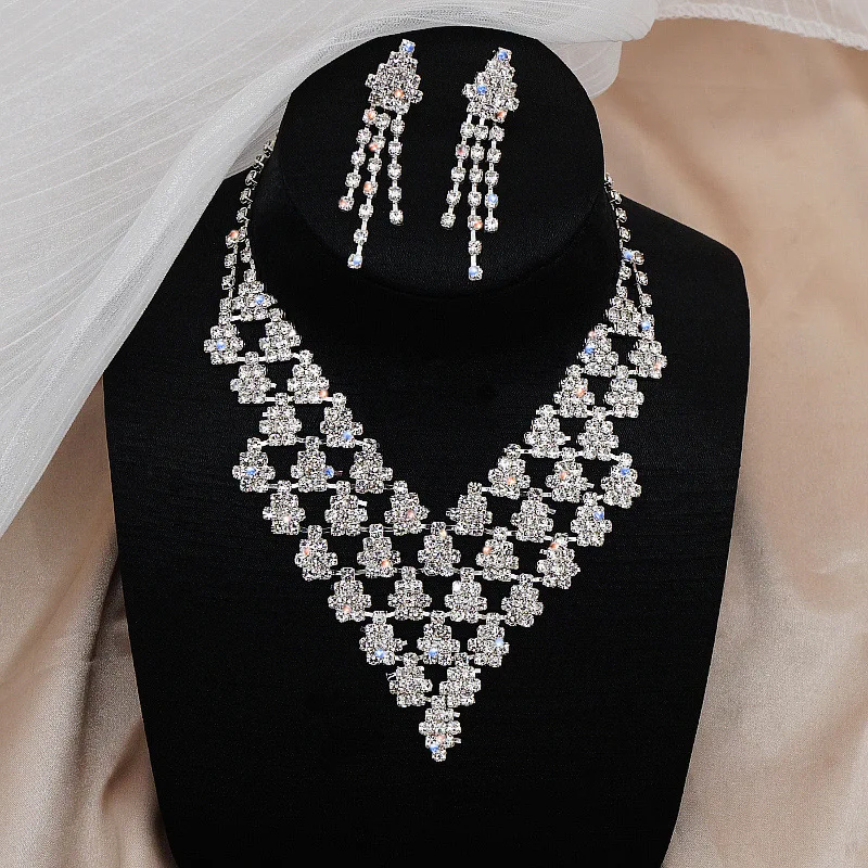 

Women's Jewelry Set 2 Pieces European and American Bride Diamond Flash Diamond Tassel Crystal Necklace Gram Zipper Wholesale