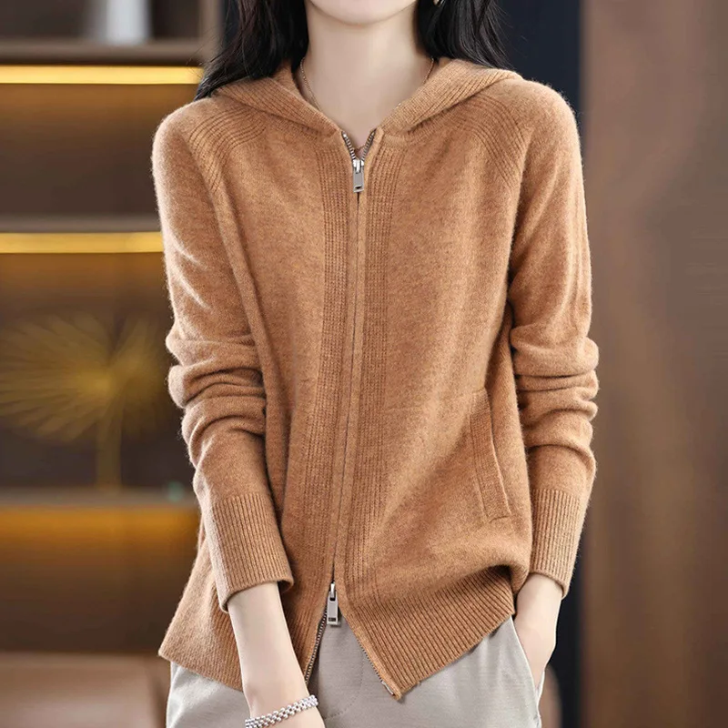 

Joker round neck gentle wind temperament solid color soft waxy long sleeve zipper sweater knit cardigan woman