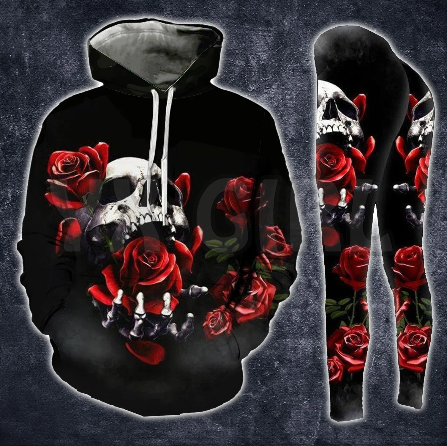 YX Girl Skull Red Rose 3D All Over Printed Hoodie Set  3D Printed Apparel