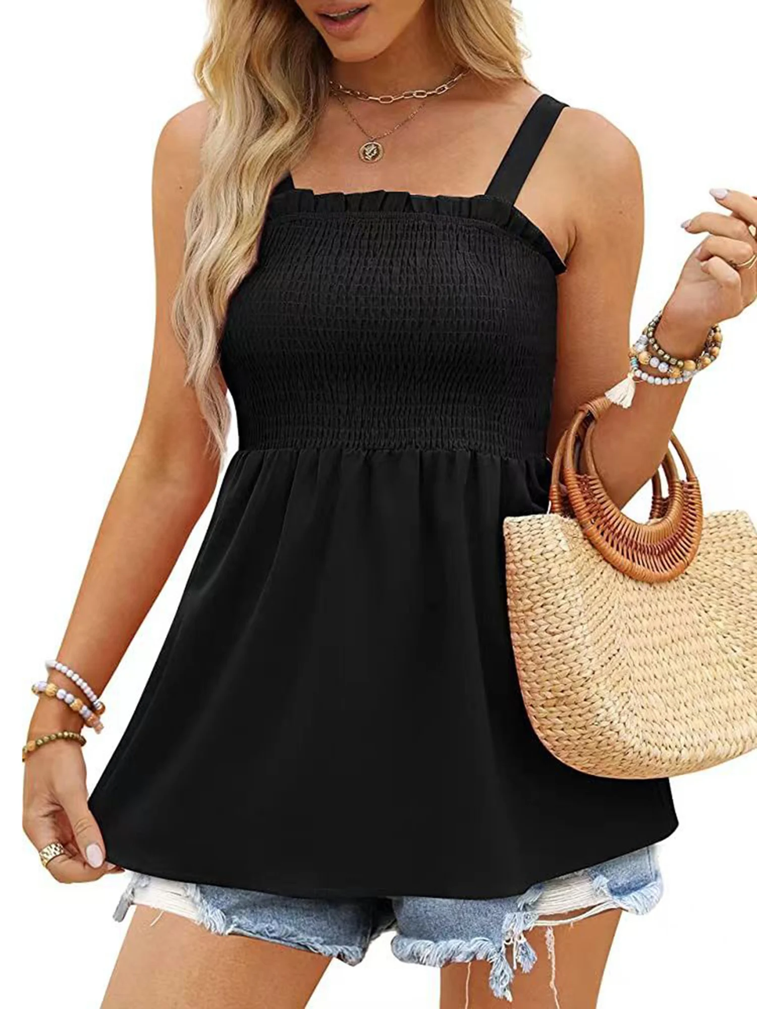 

Sleeveless Swing Ruffle Dress for Women - Summer Casual Solid Color Short Dress Perfect for Beach and Sundress Occasions -