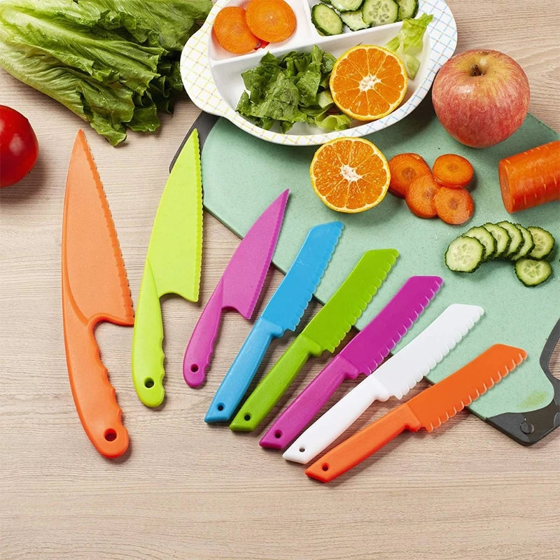 

Набор детских пластиковых кухонных ножей, 8 шт., Детские Безопасные нейлоновые кухонные ножи шеф-повара для фруктов, хлеба, торта, салата, сал...