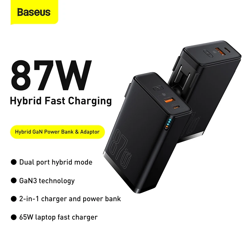 Najtaniej Baseus GaN Power Bank Adapter US Pulg ładowarka 10000mAh 87W USB Type-c PD 3.0 SCP Do Laptopa Iphone 13 12 Pro Xiaomi Samsung