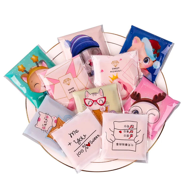 100 Pcs Cartoon Cookie Candy Packaging Bag Baking Plastic Self-Adhesive Bags For Wedding Birthday Party Decor DIY Gift Pouch