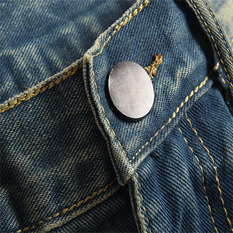 Men's Clothing Vintage Light Blue Holes Ripped Biker Jeans Motorcycle Casual Pleated Torn Stretch Denim Slim Pants Trousers Men