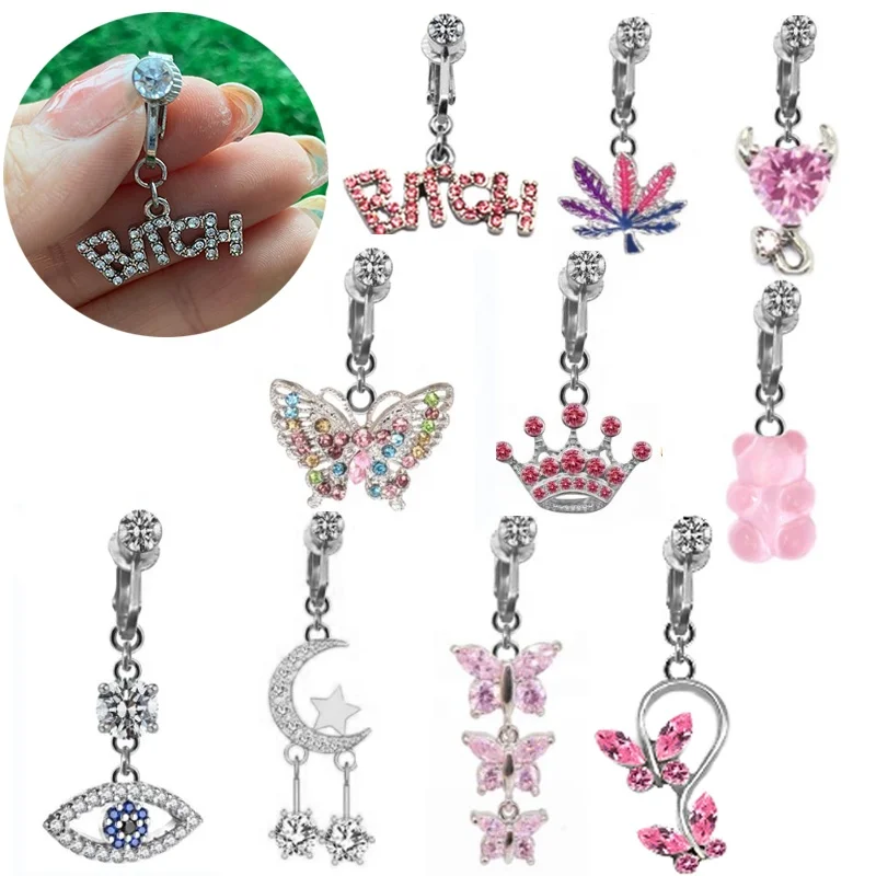 Fake Belly Button Ring For Women Cute Bear Letter Design Clip On Belly Ring Non Piercing Belly Rings Body Jewelry For Women