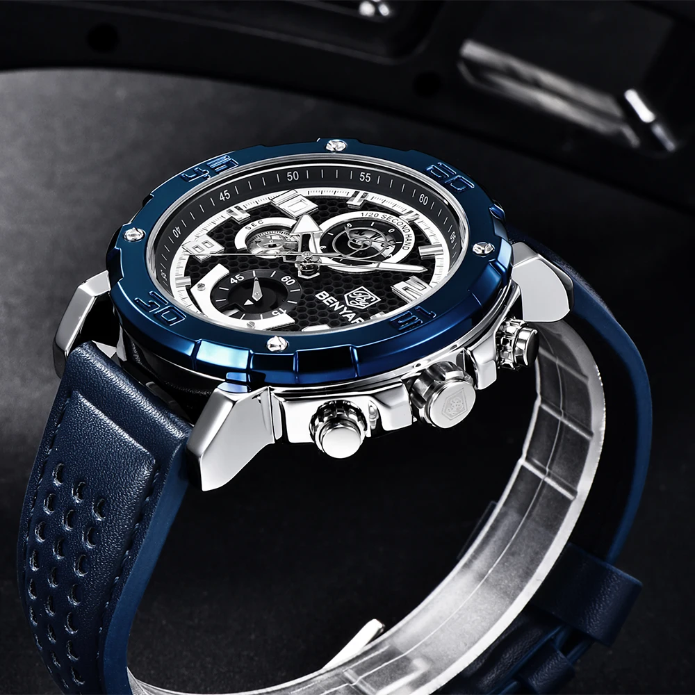 Часы наручные BNEYAR Мужские кварцевые с кожаным ремешком водонепроницаемые