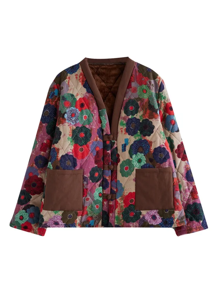 Зимнее пальто с цветочным принтом женское большого размера длинным рукавом