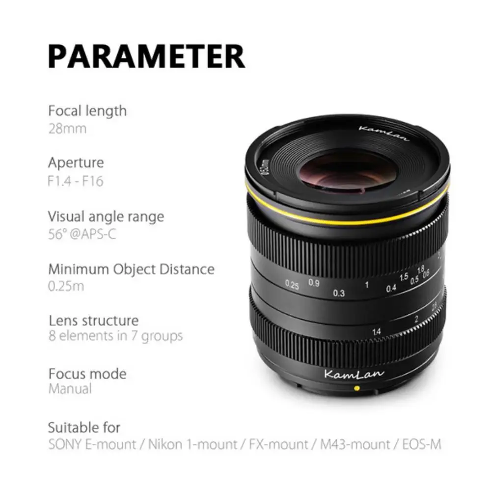 Kamlan 28 мм f1.4 Широкоугольный объектив APS-C с большой диафрагмой и ручной фокусировкой для беззеркальных камер (art.: 3920cd875f649) - 3920cd875f649