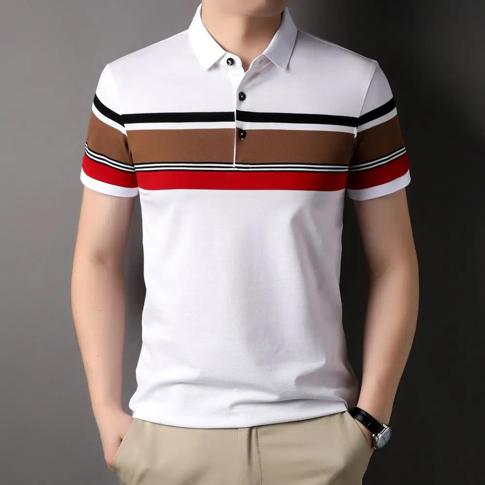 

COODRONY Cotton Polo-Shirt For Men Comfortable Skin-Friendly Summer Short Sleeve T-Shirt Men's Striped Lapels Dyed Tops T R5018