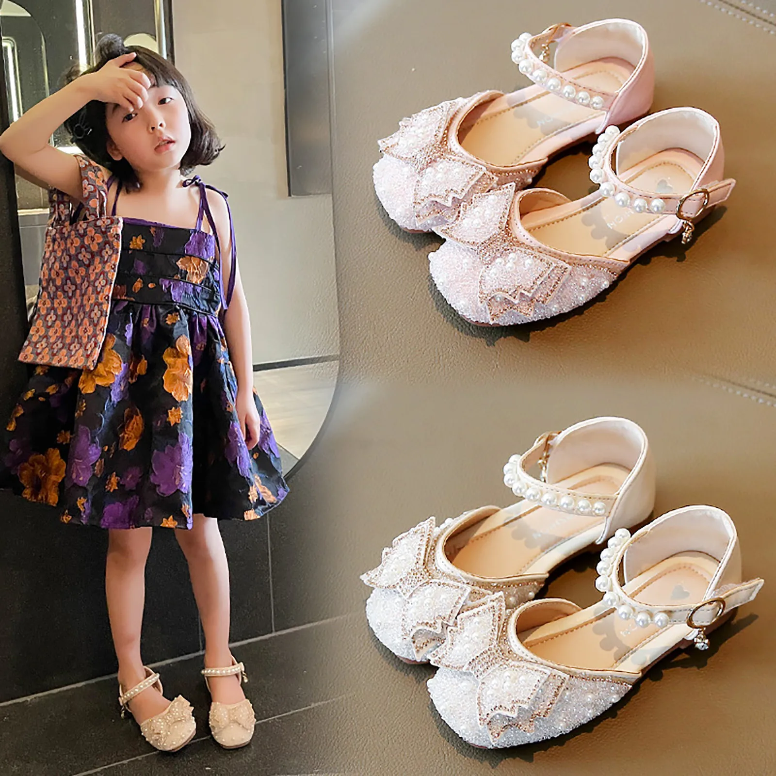 

Fashion Kids Girls Sandals Chic Bowknot Rhinestone Pearl Girl Princess Shoes Flat Comfy Glitter Kids Shoes Summer Sandals Party