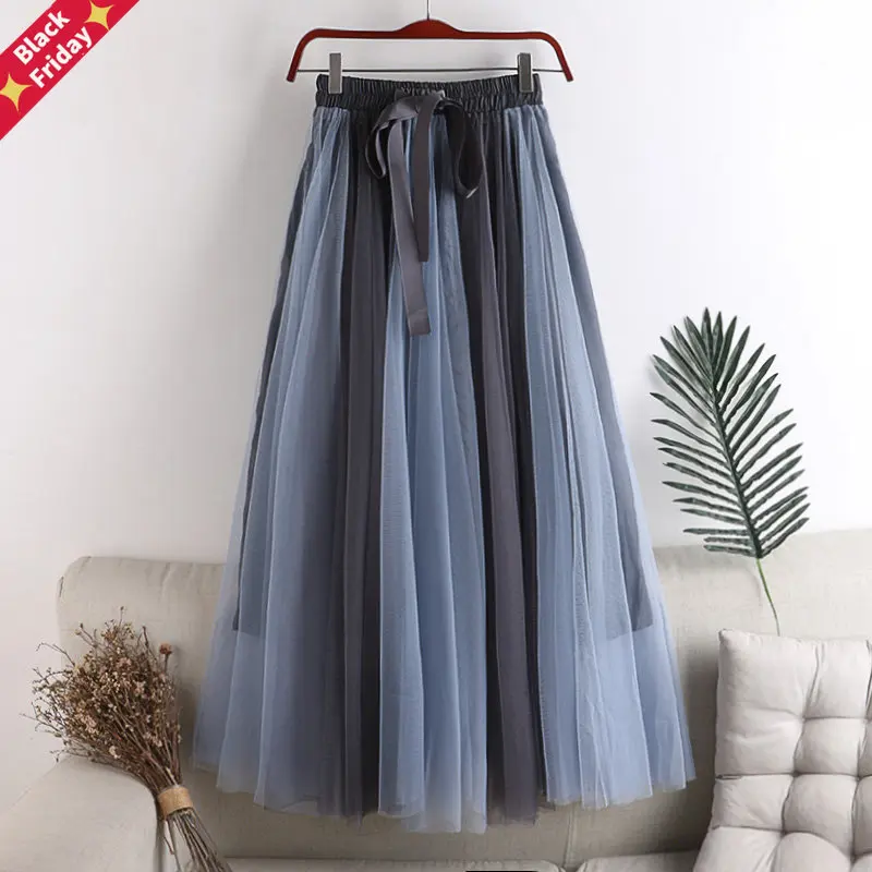 

Bowtie Mesh Pleated Women's Long Skirts 2023 New Summer High Waist Harajuku A-Line Umbrella Skirts Womens Jupe Longue Femme