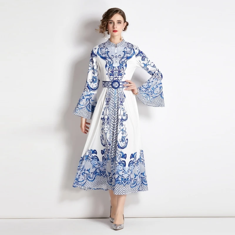 

Женское модельное богемное платье макси, праздничное однобортное платье с расширяющимся книзу рукавом, праздничное платье с сине-белым фар...