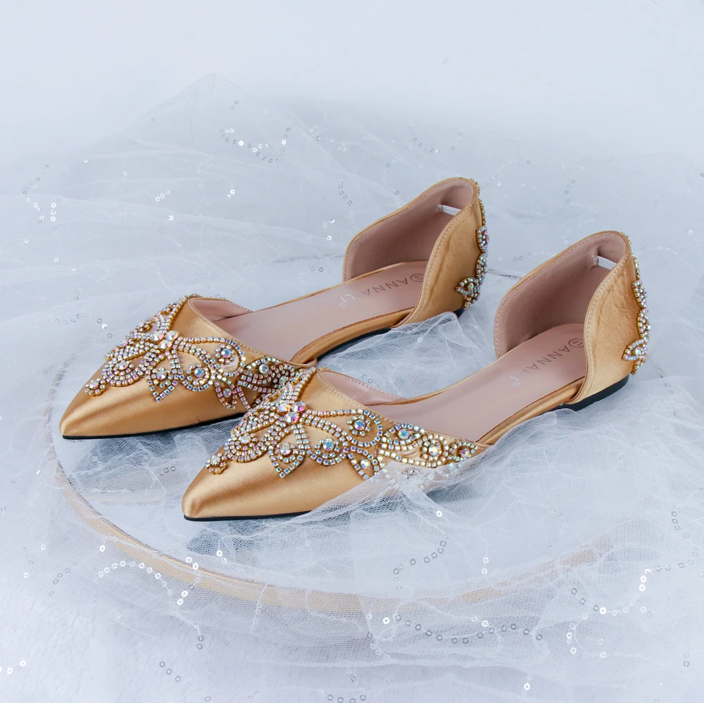 

Gold Satin Sandals Women Summer Pointed Toe Slip-on Hollow Flats Crystal Finestone Flower Customize Handmade Luxury Wedding Shoe