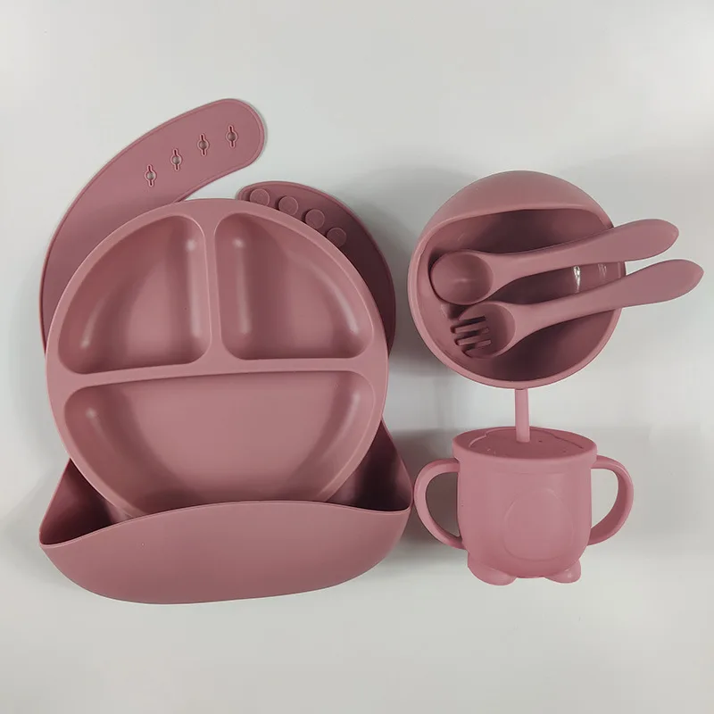 

5Pcs children's silicone tableware bib plate Baby complementary food sucker bowl Baby learn to eat rice bowl fork and spoon set