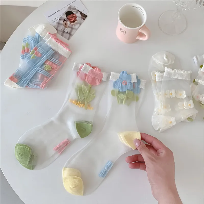 3PAIRS Women's Summer New Tulip Kanekalon Tube Socks Thin Breathable Mesh Sweet College Style Glass Stockings