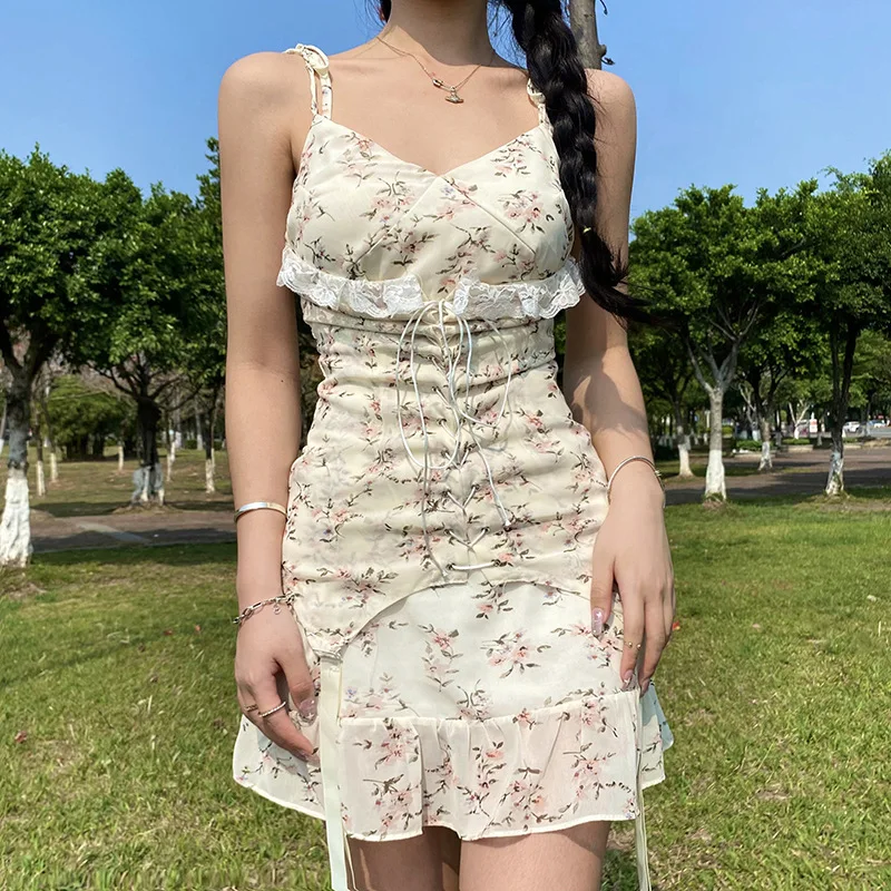 

French Style Floral Print Lace Up Spaghetti Straps Mini Dress 2023 Ruffleds Elegant Temperament Sweet Summer Dresses for Women