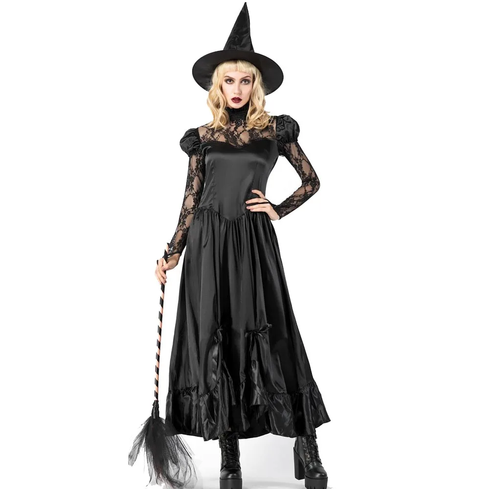 

Women Halloween Costumes Witch Black Long Dress Adult Cosplay Witch Costume