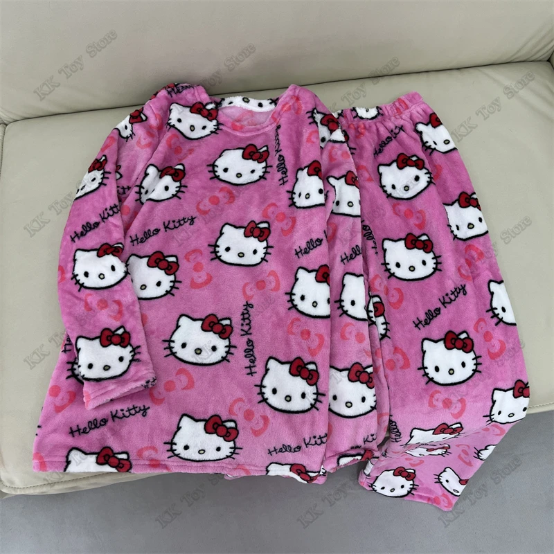 Фланелевой пижамный комплект Hello Kitty Kawaii теплые шерстяные повседневные домашние