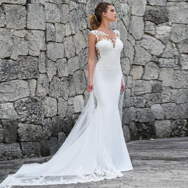 

Женское свадебное платье-русалка без рукавов, привлекательное прозрачное кружевное платье с аппликацией сзади, свадебное платье для невесты, 2023