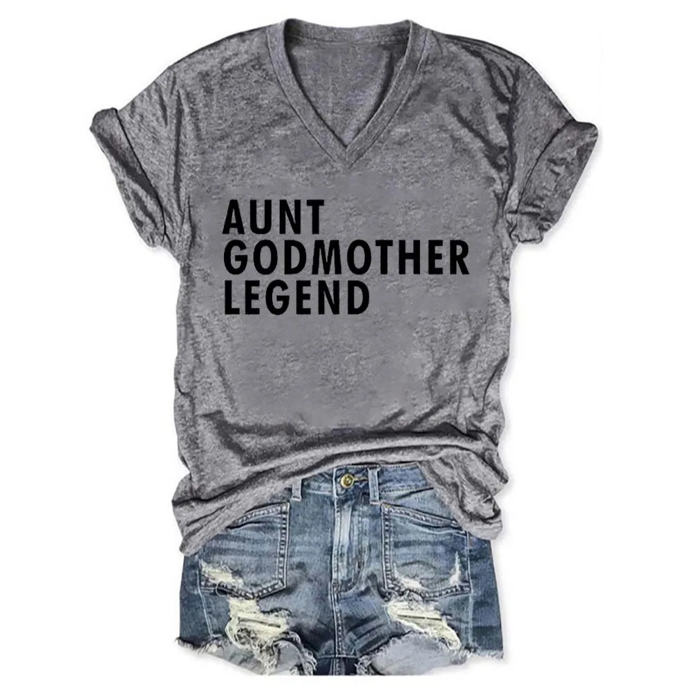 

Rheaclots Women's Aunt Godmother Legend Printed V-neck Short Sleeve T-Shirt