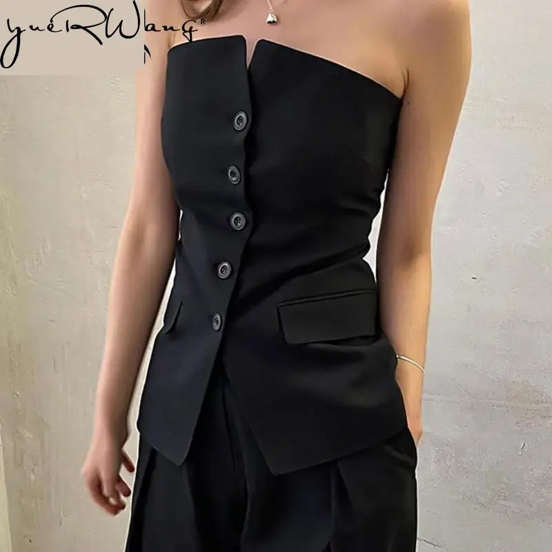 

yuerwang Women Vest 2023 Summer Sleeveless Strapless Backless Single Breasted Black Waistcoat Fashion All Match Female Tops New