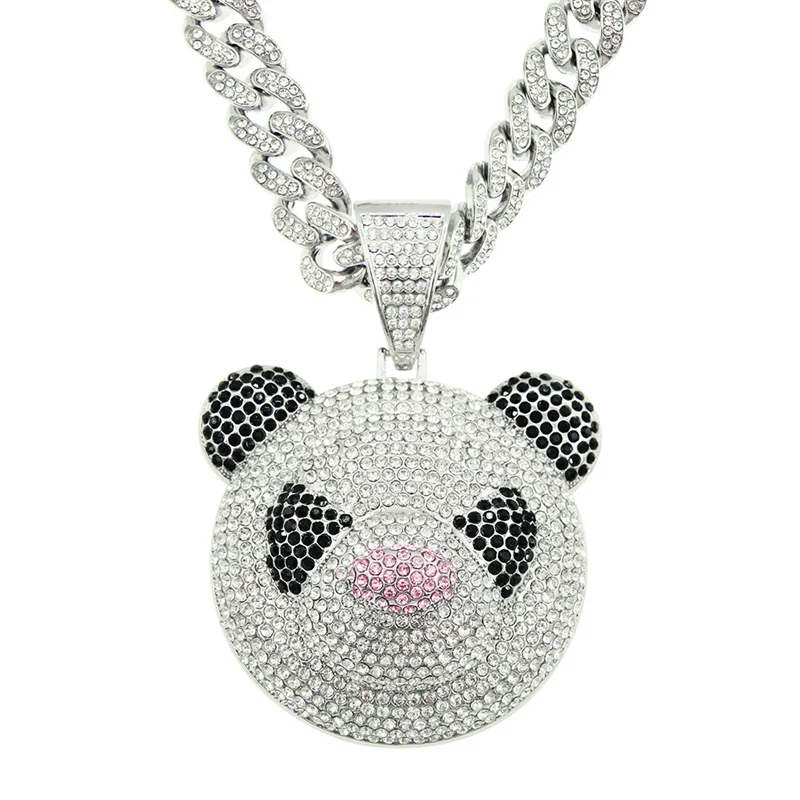 

Hip Hop Crystal Panda Pendant Necklace With Iced Out Bling 13mm Cuban Chain For Men Women Bling Choker Fashion Jewelry