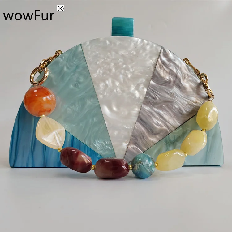 

Half moon Shape pearl colorful striped acrylic box clutches women female shoulder hand bags wallet travel beach summer bags
