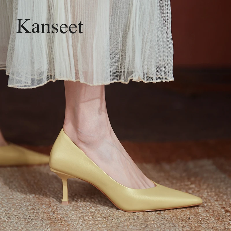 Kanseet Women Pumps Elegant Pointed Toe Genuine Leather Shoes Spring Party Dress Handmade Thin High Heels Female Footwear Yellow