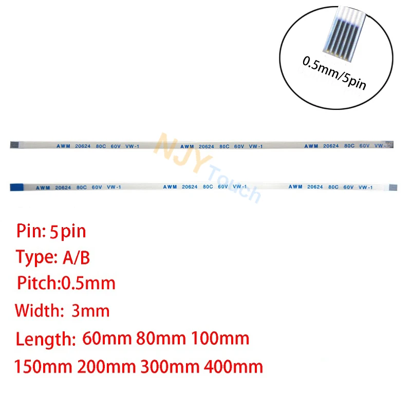 5Pin 0.5mm Pitch FFC FPC AWM 20624 80C 60V VW-1 A B Type Flat Flexible Cable 60/100/150/200/250/300/400mm
